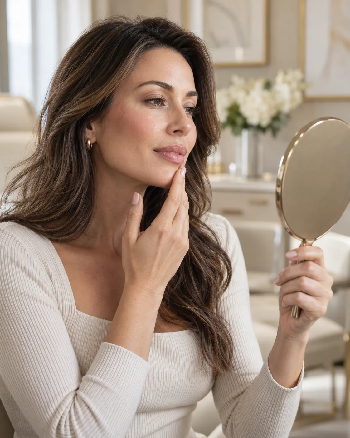 Woman examining her naturally enhanced lips in a mirror after a lip filler treatment.